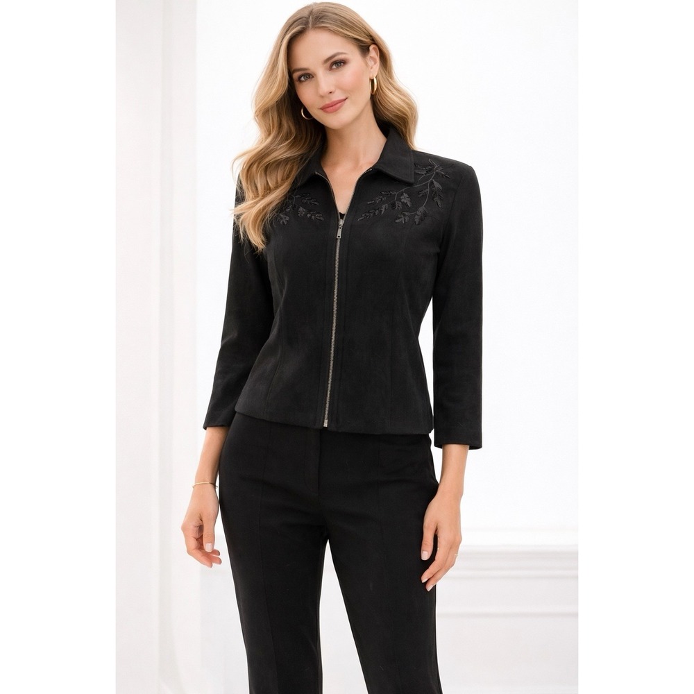 Plaza South Pantsuit Set Black Embroidered‎ Jacket Stretch Pants Size 6